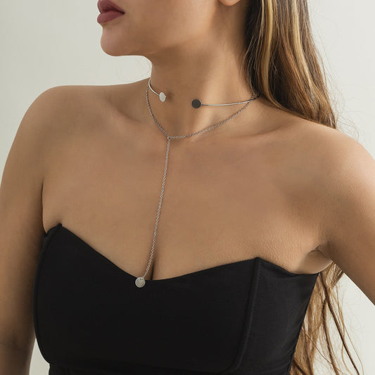 Jewelry Frosty Choker Thin Chain Necklace Simple Stacked Metal Double Disc Tassel Necklace