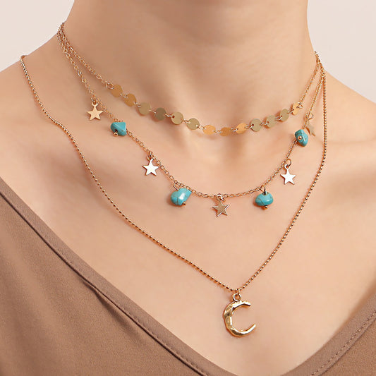 Jewelry trendy multi-layer natural turquoise crescent pendant necklace female ins hot girl necklace