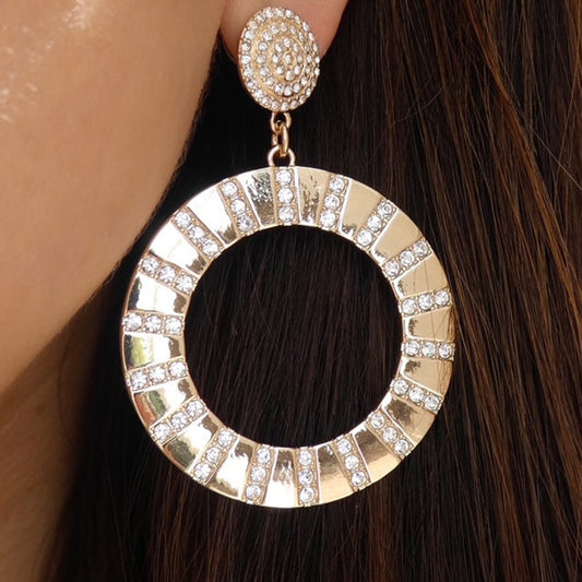 E1818 Retro Circle Exaggerated Earrings Rhinestone Temperament Hollow Earrings Simple Geometric Metal Earrings