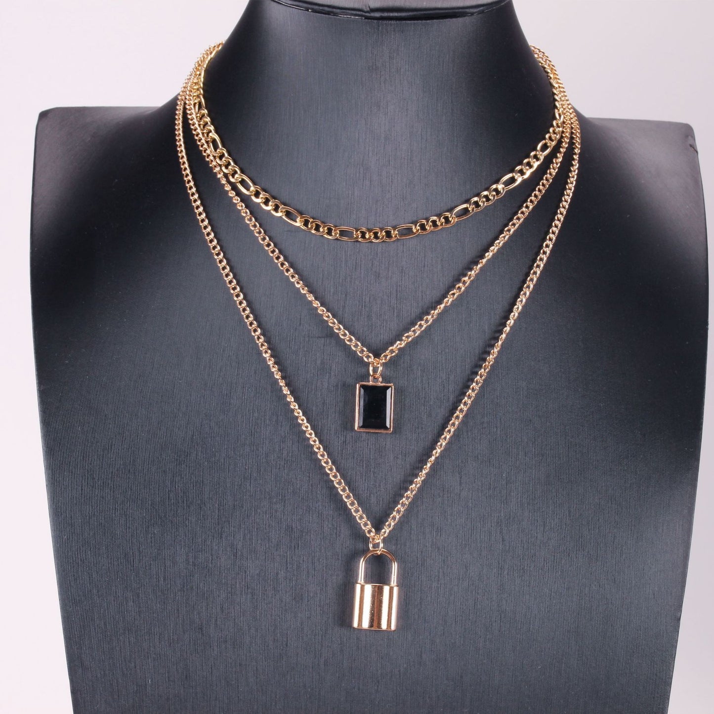 Mix and match geometric multi-layer jewelry square brand black diamond pendant snake bone chain temperament lock necklace