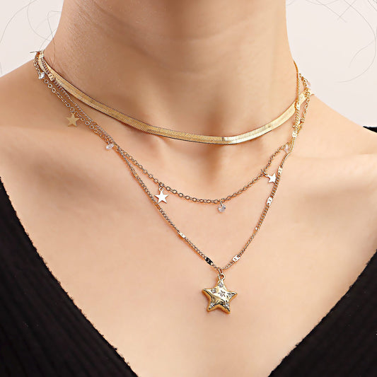 Jewelry golden five-pointed star pendant multi-layer necklace simple shiny zircon pendant necklace female