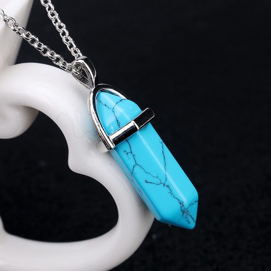 Crystal Hexagon Pillar Pendant Necklace Natural Stone Alloy Necklace Clavicle Chain