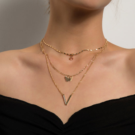 Jewelry fashion trend multi-layer butterfly diamond crystal letter pendant personality all-match necklace female