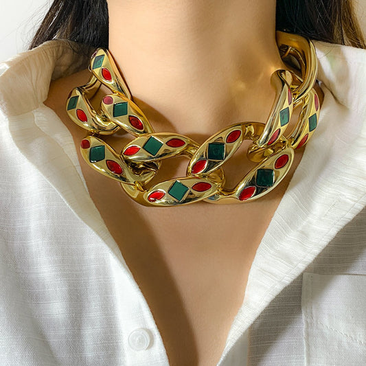 Jewelry punk square geometric drop oil pendant personality exaggerated thick chain buckle micro-inlaid necklace