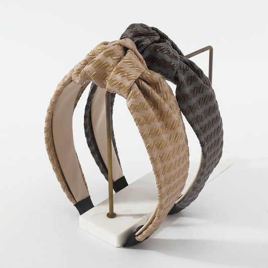 F4734 Exaggerated Internet celebrity geometric headband autumn and winter series PU leather knotted creative fashion color contrast headband