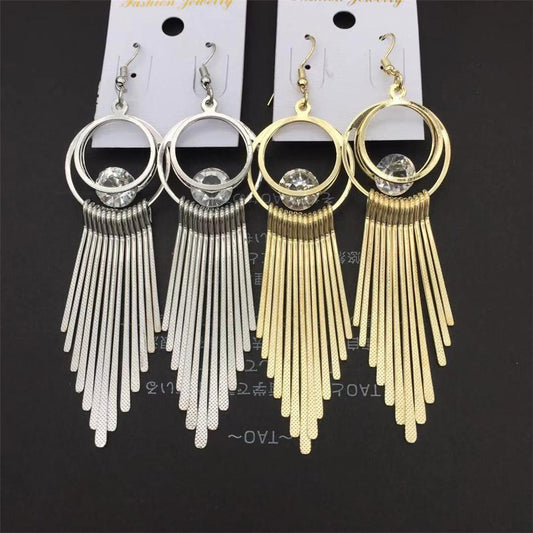 High Quality Double Hoop Earrings Fine Grain Metal Tassel Imitation Zircon Earrings Ethnic Jewelry