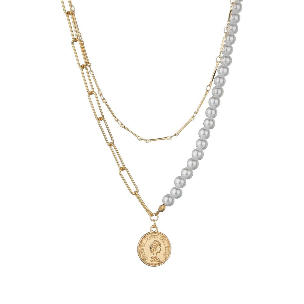 Fashion Alloy Queen Head Pendant Necklace Multilayer Imitation Pearl Necklace Accessories