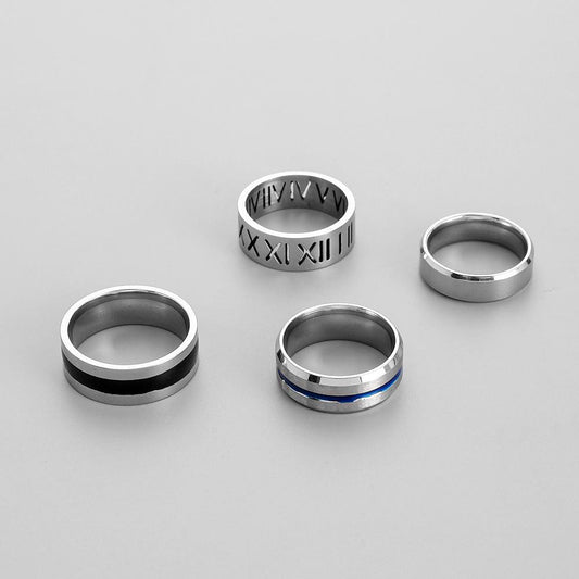 ins simple punk trend stainless steel retro Roman numerals drop oil four-piece ring ring male