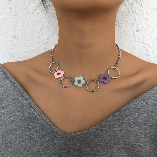 N965 Niche Geometric Necklace Colorful Resin Flower Sweet Necklace Cold Creative Circle Necklace