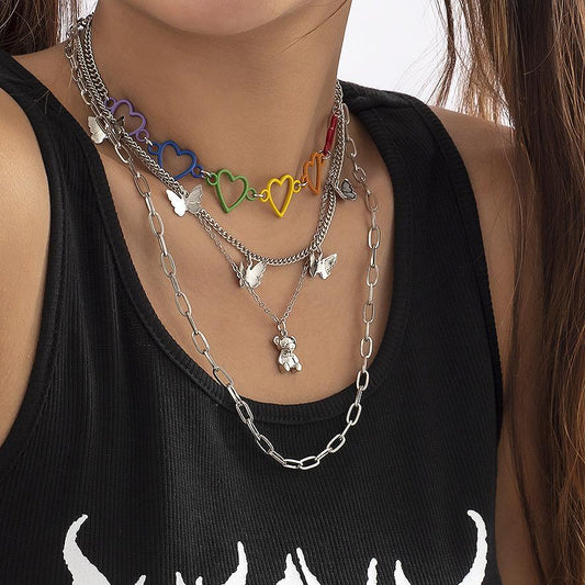 Jewelry Punk Butterfly Bear Tassel Necklace Female Mix and Match Color Peach Heart Necklace Set