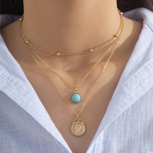 Jewelry Ethnic Thin Chain Metal Necklace Retro Portrait Embossed Turquoise Set Necklace Female