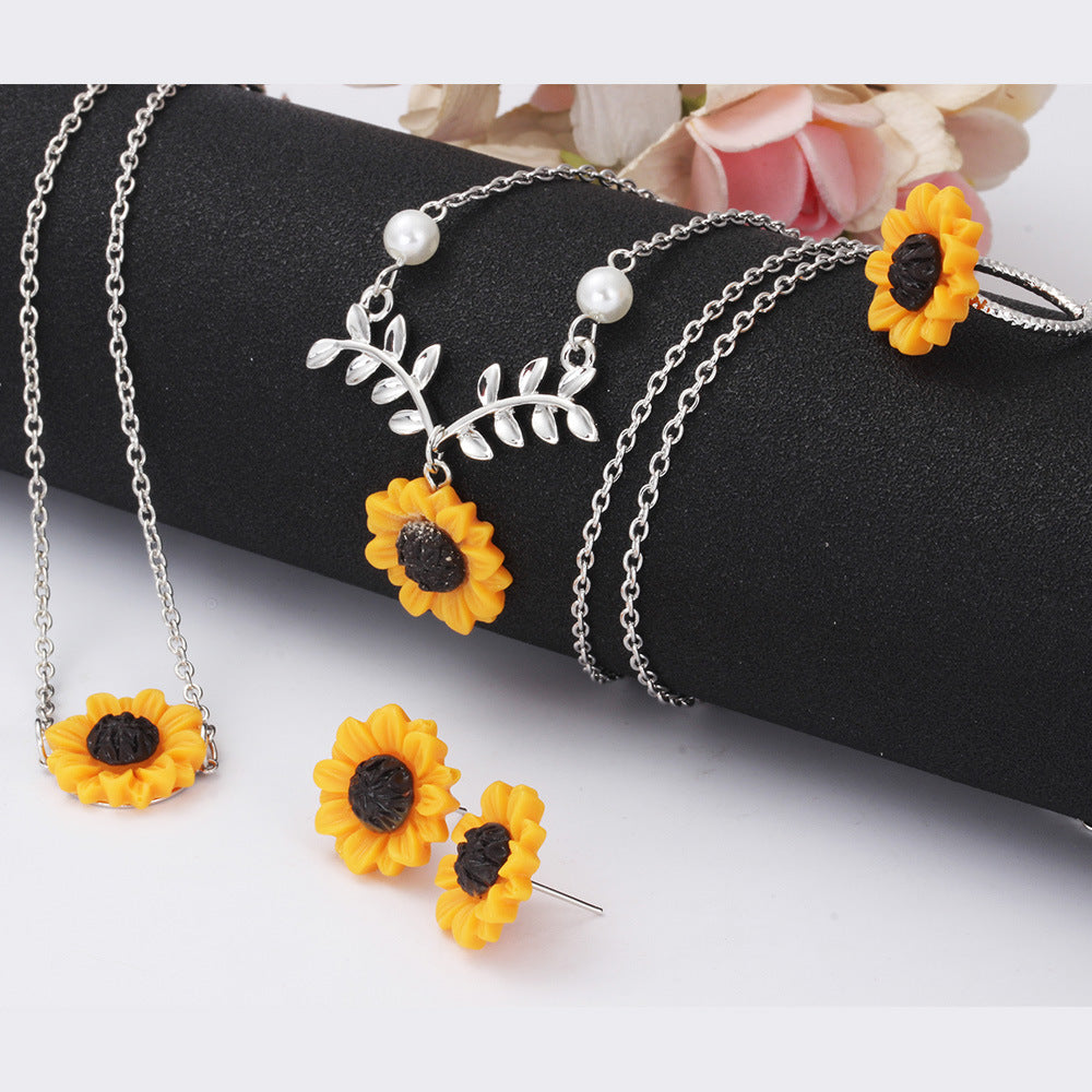 Jewelry creative sunflower necklace sunflower earrings ring flower bracelet four-piece set