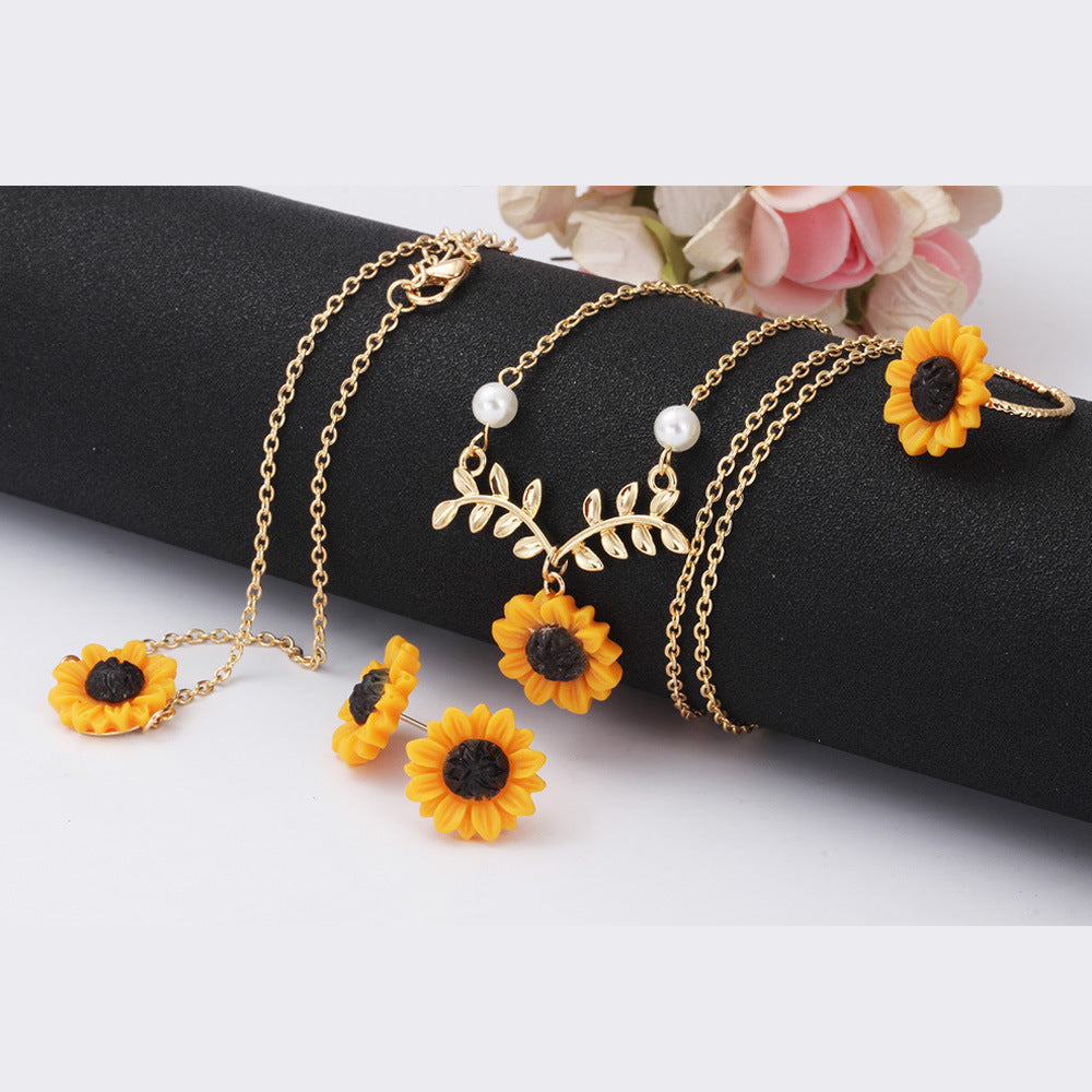 Jewelry creative sunflower necklace sunflower earrings ring flower bracelet four-piece set