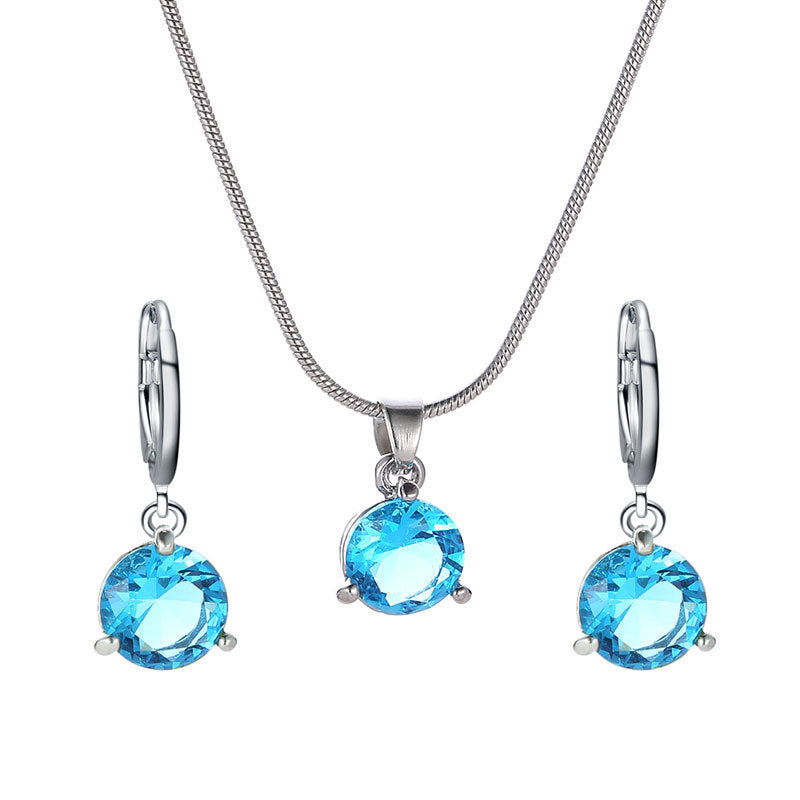 Fashion Temperament Jewelry Necklace Earrings Two-Piece Set Round Multicolor Zircon Pendant Set