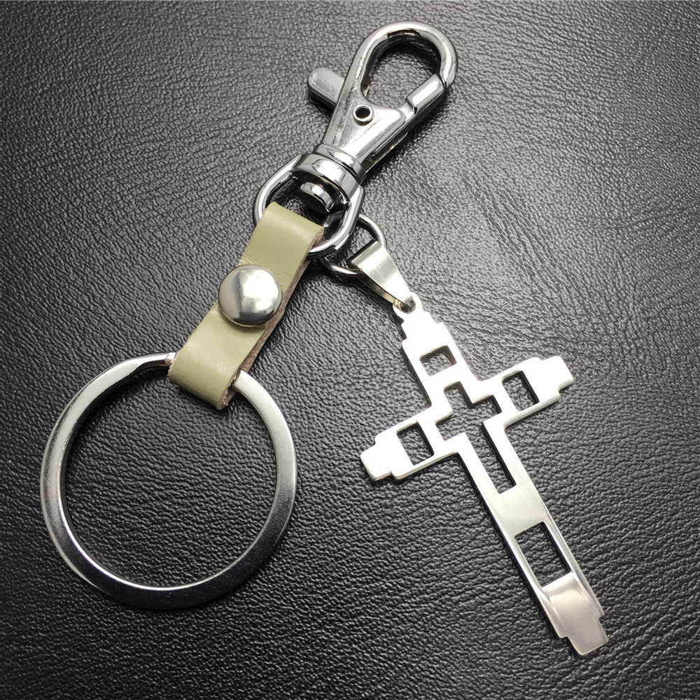 Grid Hollow Cross Stainless Steel Pendant Leather Keychain Couple Gift Small Gift