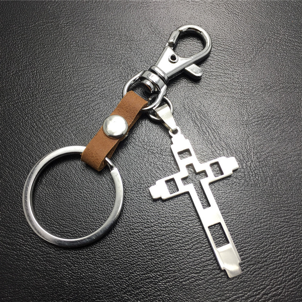 Grid Hollow Cross Stainless Steel Pendant Leather Keychain Couple Gift Small Gift