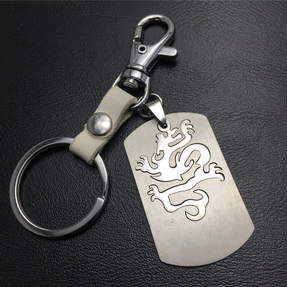 Double-layer Dragon Totem Titanium Steel Pendant Pendant Stainless Steel Keychain Cowhide Waist Hanging Men's and Women's Jewelry