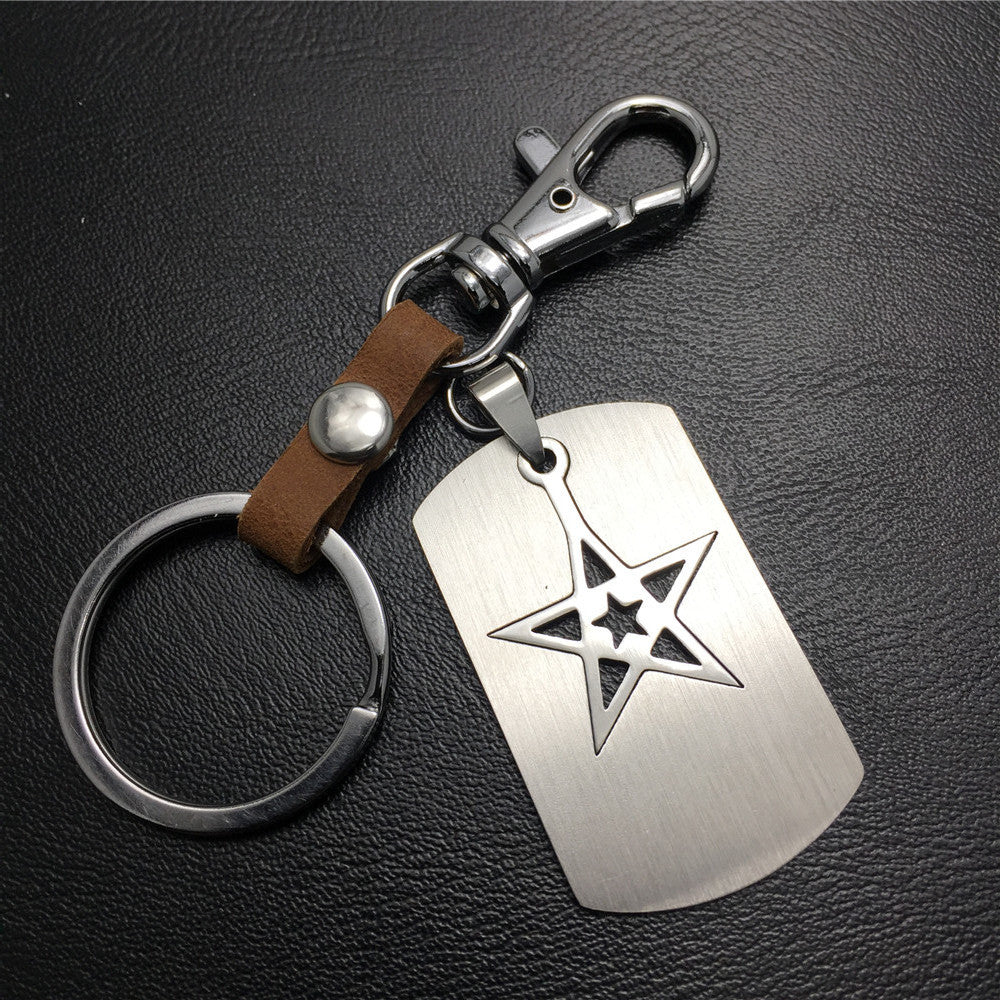 Five-pointed star double-layer titanium steel cowhide key chain stainless steel pendant men's waist hanging ladies bag pendant