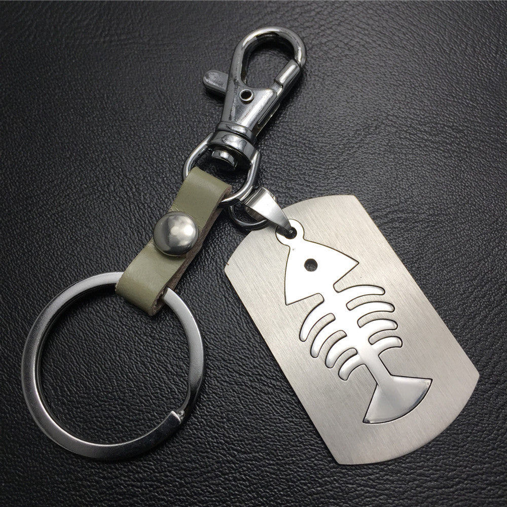 Double-layer fish bone fish rack titanium steel cowhide key chain stainless steel pendant men's waist hanging women's bag pendant