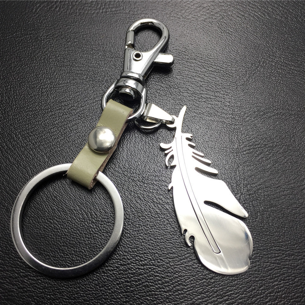 Feather Titanium Steel Pendant Jewelry Accessories Cowhide Keychain Stainless Steel Men's Waist Hanging Ladies Bag Pendant