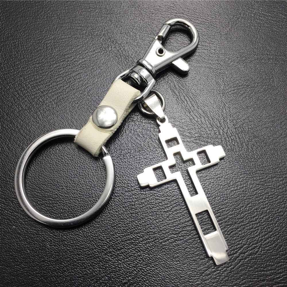 Grid Hollow Cross Stainless Steel Pendant Leather Keychain Couple Gift Small Gift