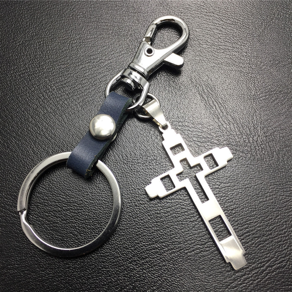 Grid Hollow Cross Stainless Steel Pendant Leather Keychain Couple Gift Small Gift