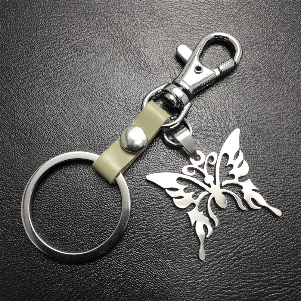 Men and Women Jewelry Titanium Steel Pendant Stainless Steel Hollow Butterfly Pendant Leather Keychain