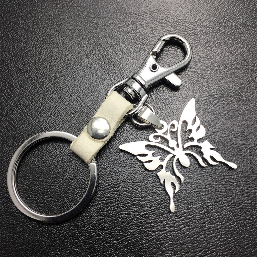 Men and Women Jewelry Titanium Steel Pendant Stainless Steel Hollow Butterfly Pendant Leather Keychain