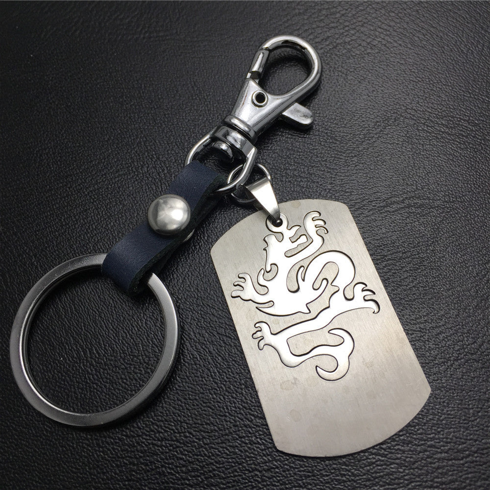 Double-layer Dragon Totem Titanium Steel Pendant Pendant Stainless Steel Keychain Cowhide Waist Hanging Men's and Women's Jewelry