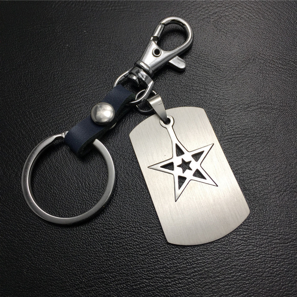 Five-pointed star double-layer titanium steel cowhide key chain stainless steel pendant men's waist hanging ladies bag pendant