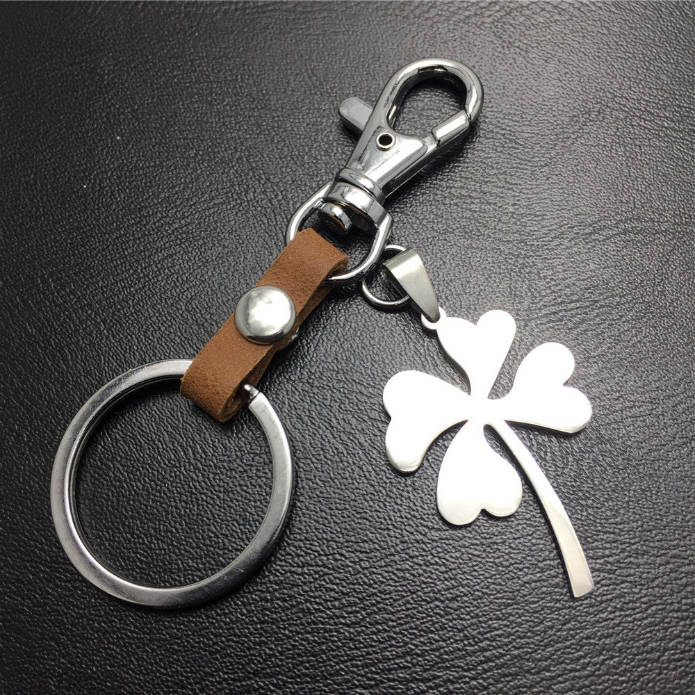 Four Leaf Lucky Flower Titanium Steel Pendant Leather Keychain Pendant Accessories