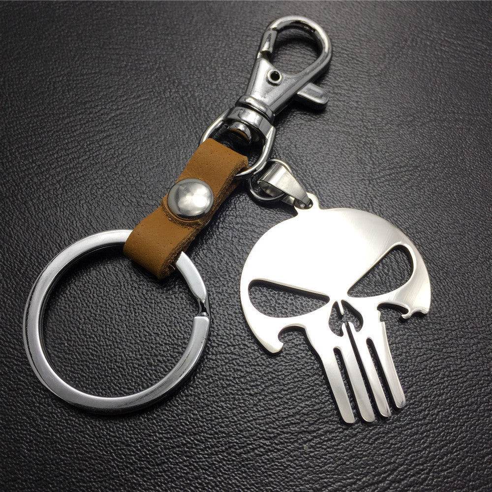 Superhero Skull Punisher Stainless Steel Leather Keychain Men's Waist Bag Pendant Jewelry Accessories