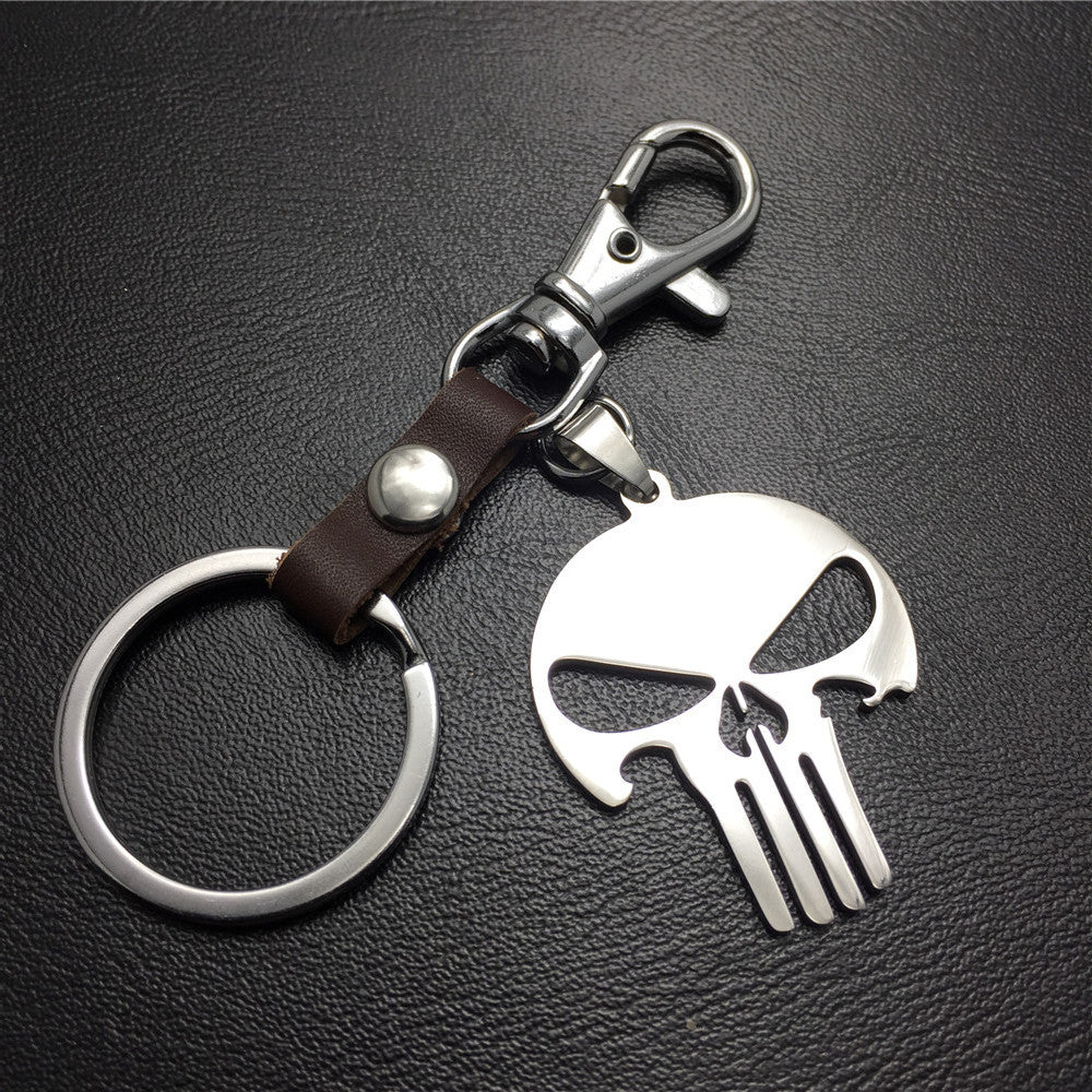 Superhero Skull Punisher Stainless Steel Leather Keychain Men's Waist Bag Pendant Jewelry Accessories