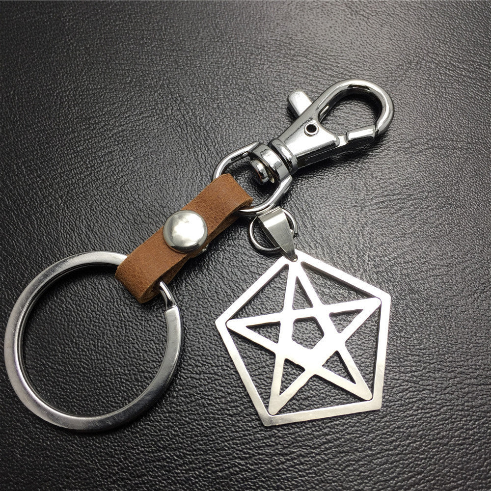 Five-pointed star pentagon stainless steel leather key chain waist bag bag pendant clothing accessories