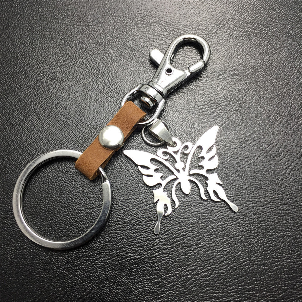 Men and Women Jewelry Titanium Steel Pendant Stainless Steel Hollow Butterfly Pendant Leather Keychain