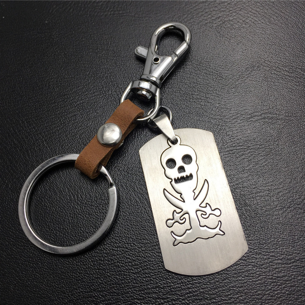 Double Skull Titanium Steel Pendant Pendant Stainless Steel Keychain Cowhide Waist Hanging Men's and Women's Jewelry