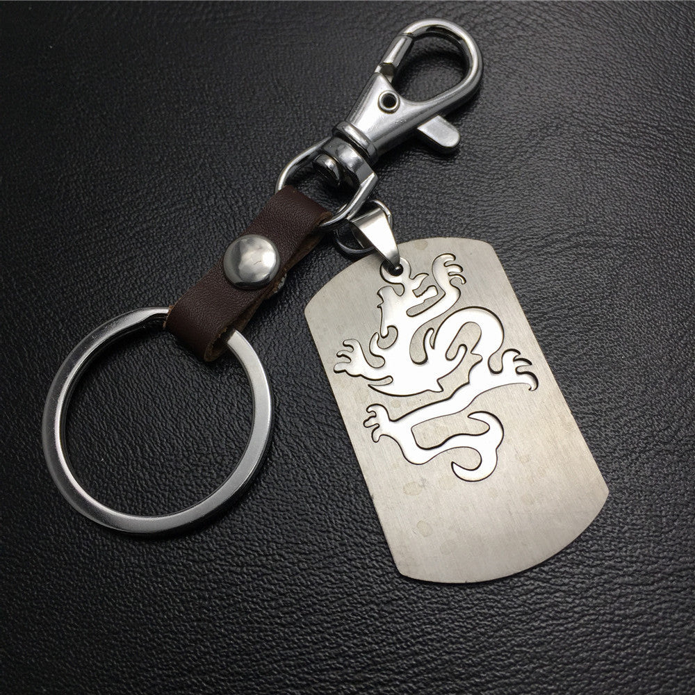 Double-layer Dragon Totem Titanium Steel Pendant Pendant Stainless Steel Keychain Cowhide Waist Hanging Men's and Women's Jewelry