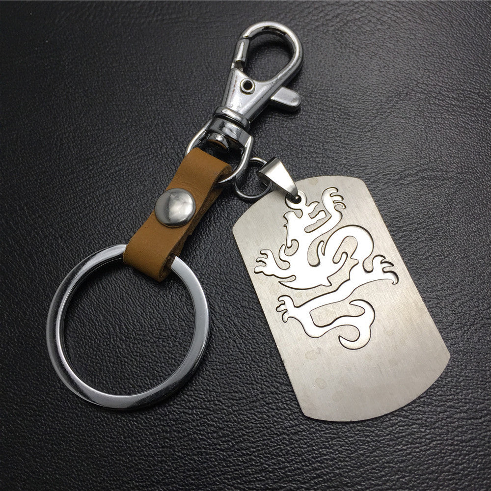 Double-layer Dragon Totem Titanium Steel Pendant Pendant Stainless Steel Keychain Cowhide Waist Hanging Men's and Women's Jewelry