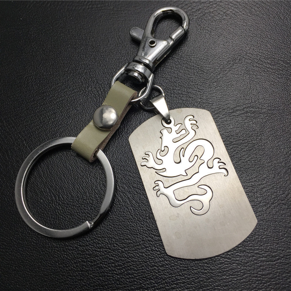 Double-layer Dragon Totem Titanium Steel Pendant Pendant Stainless Steel Keychain Cowhide Waist Hanging Men's and Women's Jewelry