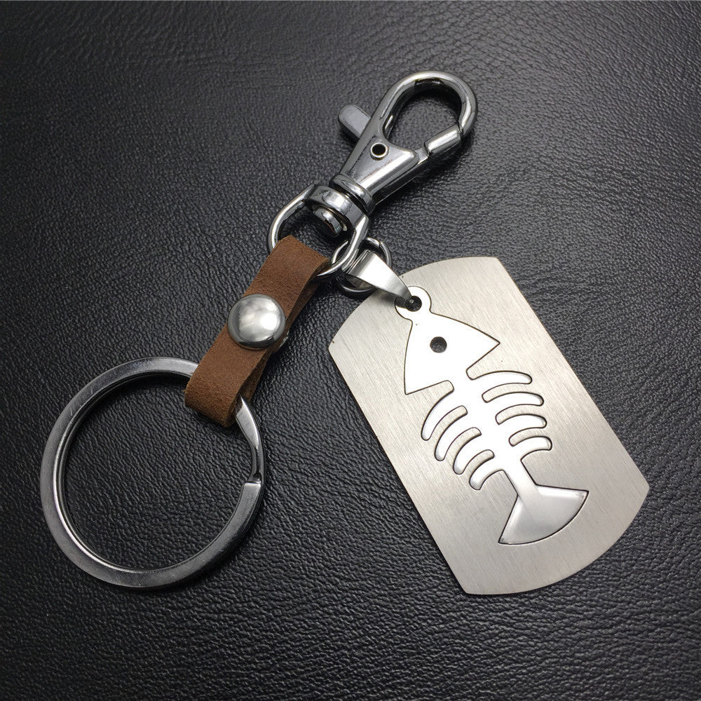 Double-layer fish bone fish rack titanium steel cowhide key chain stainless steel pendant men's waist hanging women's bag pendant