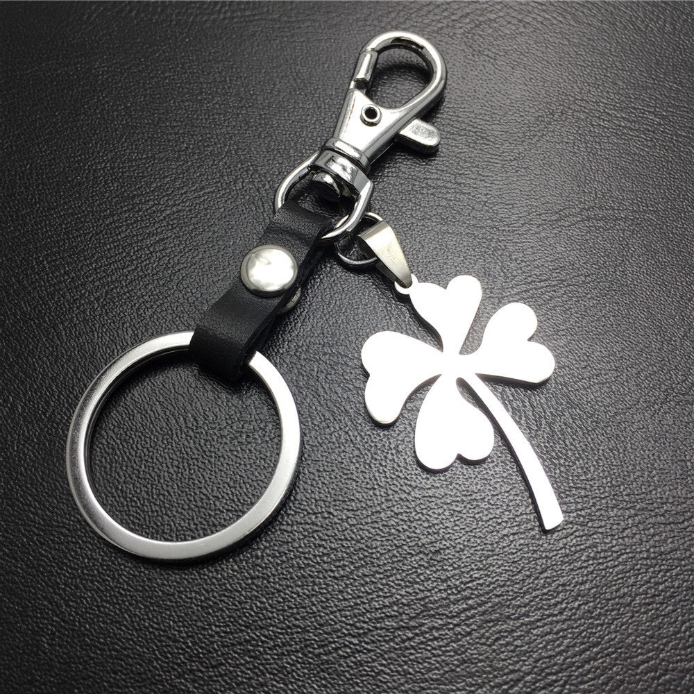 Four Leaf Lucky Flower Titanium Steel Pendant Leather Keychain Pendant Accessories