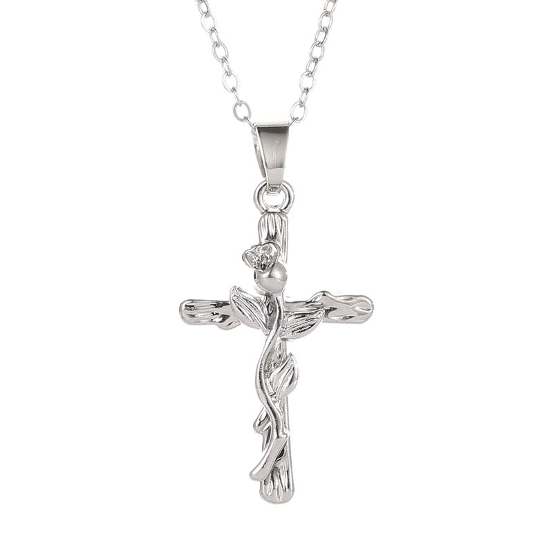 Vine Cross Necklace Retro Fashion Leaf Cross Necklace Men and Women Simple Necklace