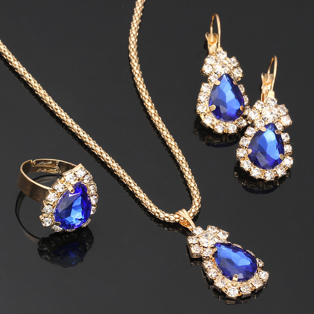 Diamond-encrusted Gold Drop Earrings Necklace Ring Three-Piece Set Multicolor Set