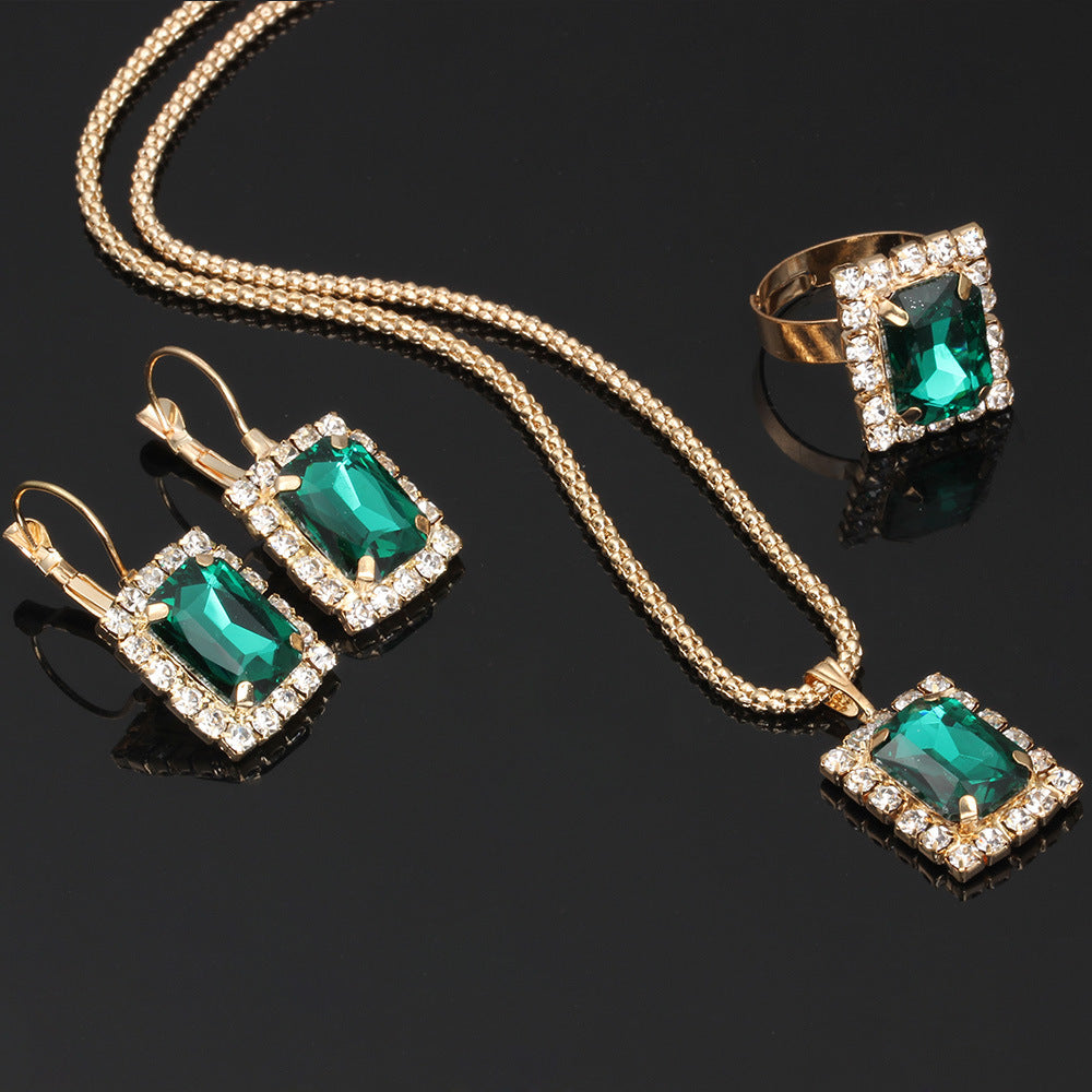 Bride Wedding Dress Female Accessories Square Diamond Gold Pendant Earrings Ring Three-Piece Set