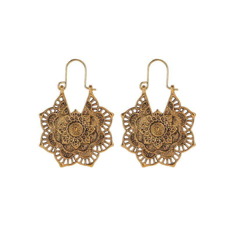 Ethnic Earrings Exotic Retro Metal Hollow Flower Earrings Bohemian Carved Palace Earrings