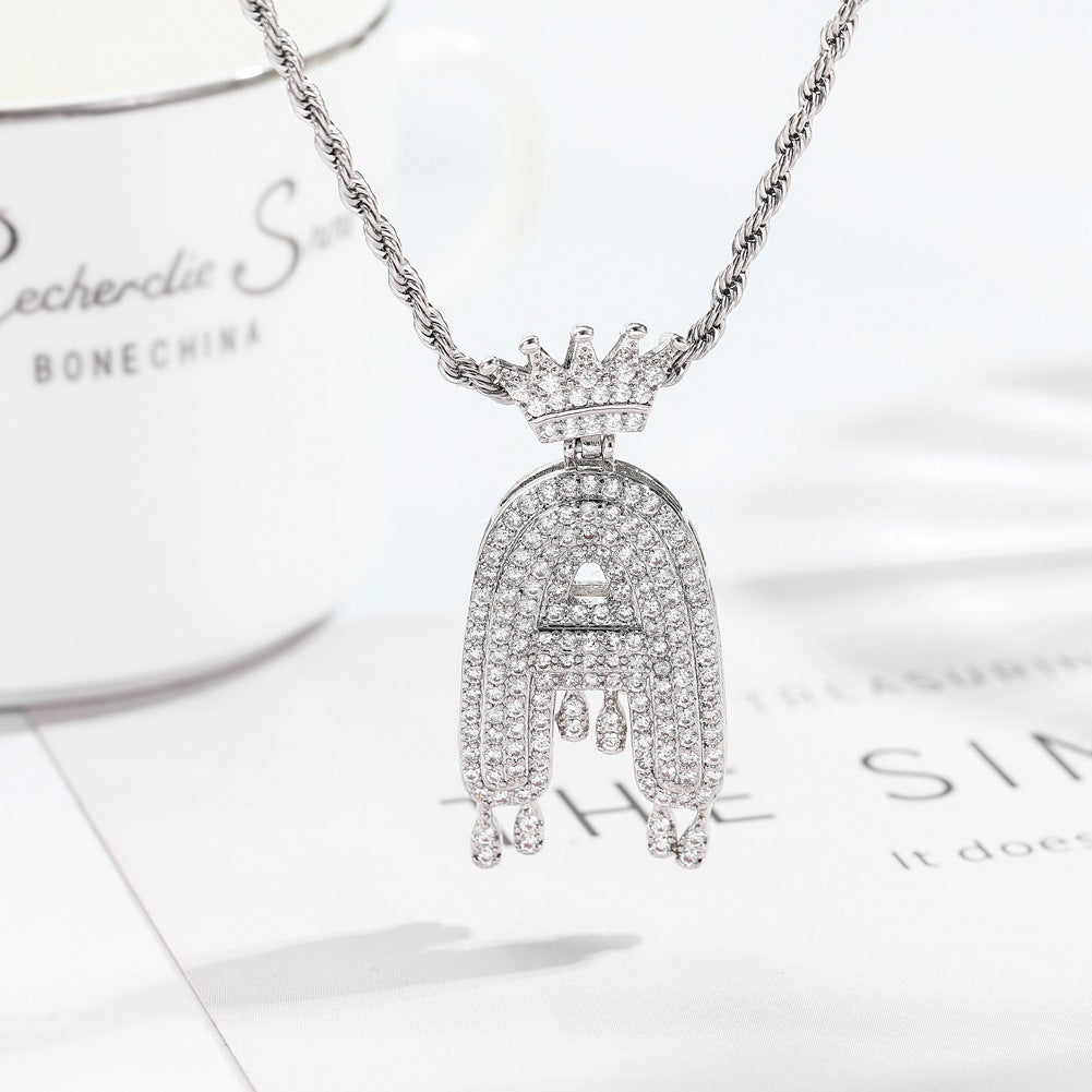 Hip-hop trend necklace copper micro-inlaid zircon 26 English letters crown full diamond pendant jewelry