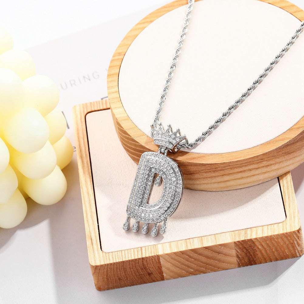 Hip-hop trend necklace copper micro-inlaid zircon 26 English letters crown full diamond pendant jewelry