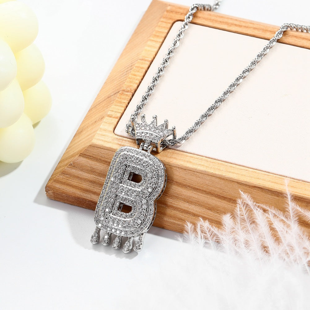 Hip-hop trend necklace copper micro-inlaid zircon 26 English letters crown full diamond pendant jewelry
