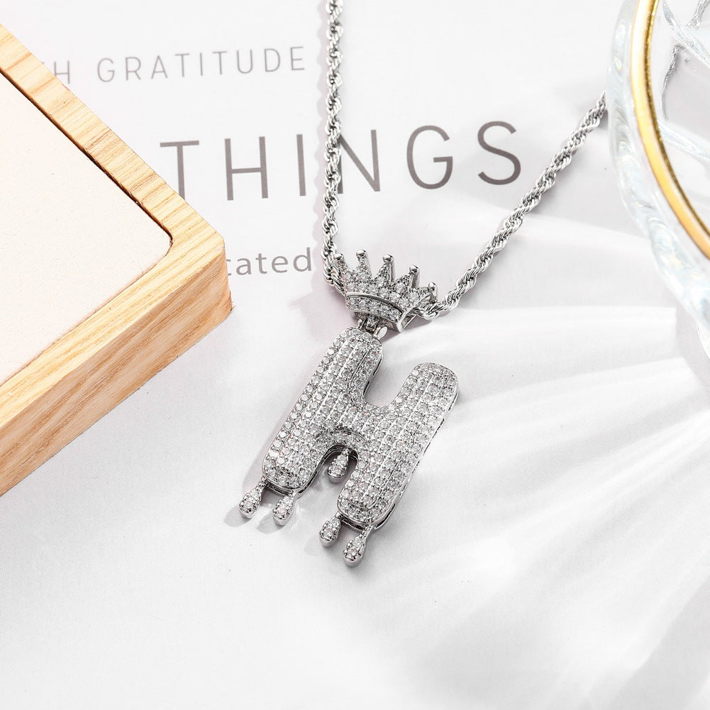 Hip-hop trend necklace copper micro-inlaid zircon 26 English letters crown full diamond pendant jewelry