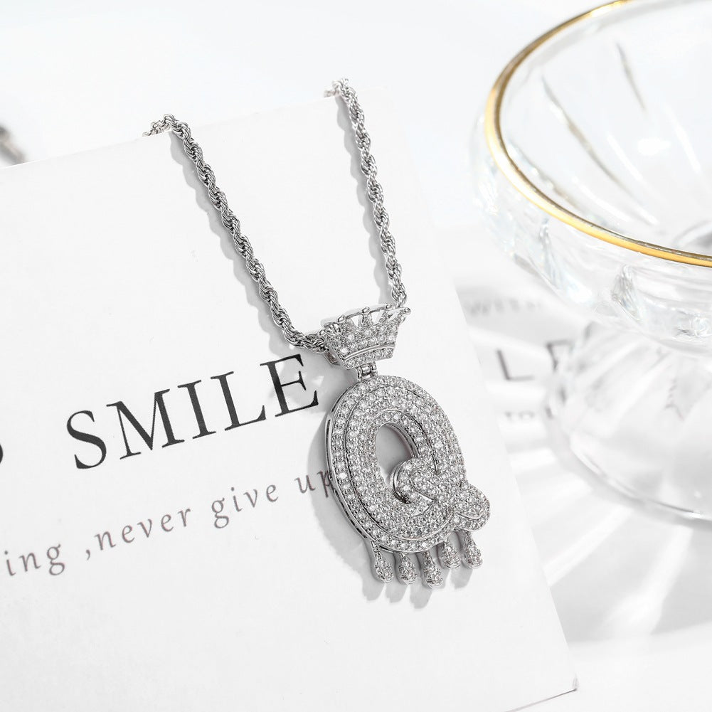 Hip-hop trend necklace copper micro-inlaid zircon 26 English letters crown full diamond pendant jewelry